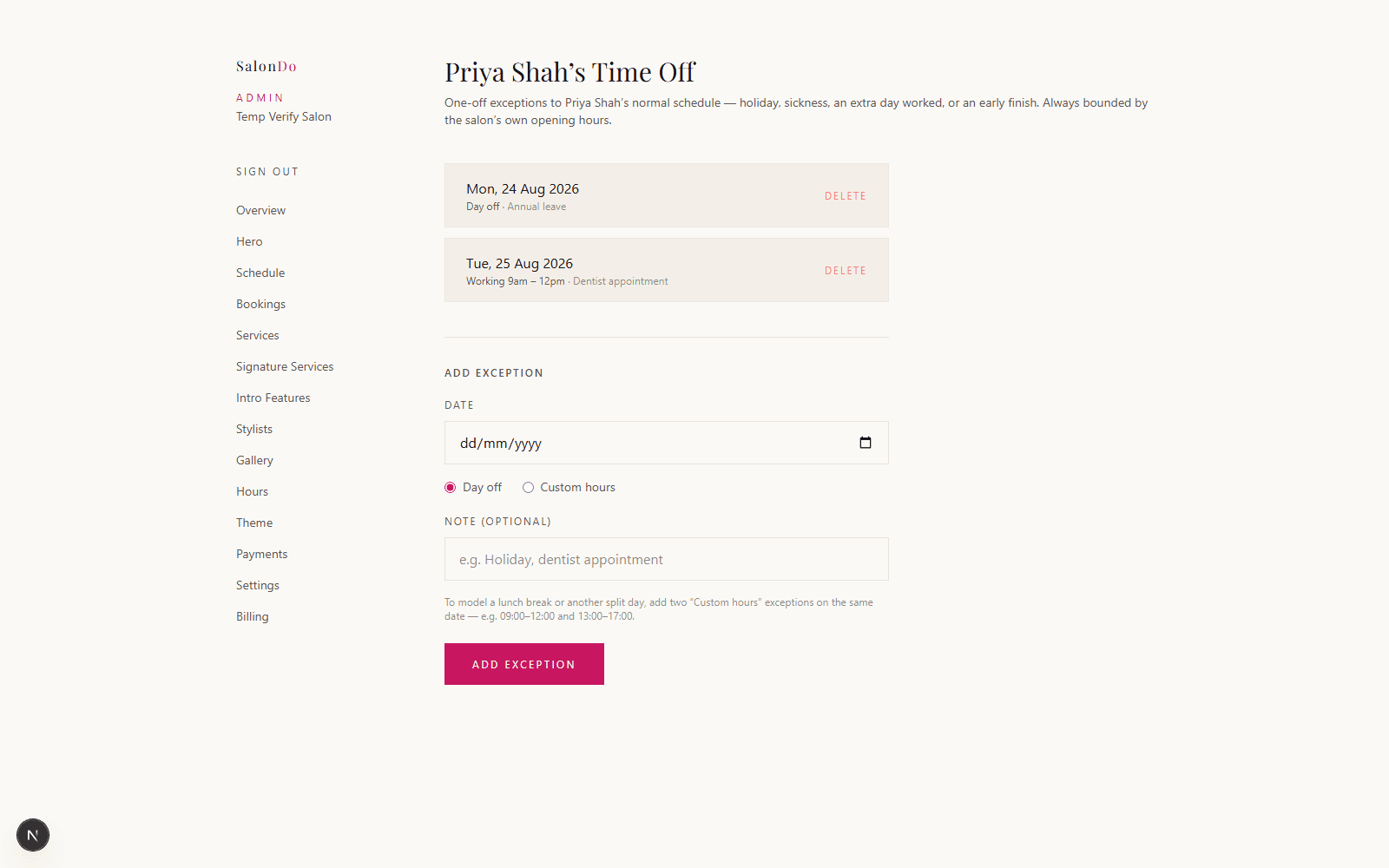 The Time Off editor for a stylist in the SalonDo admin dashboard
