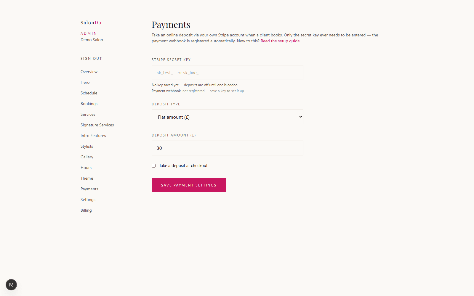 The Payments setup page in the SalonDo admin dashboard