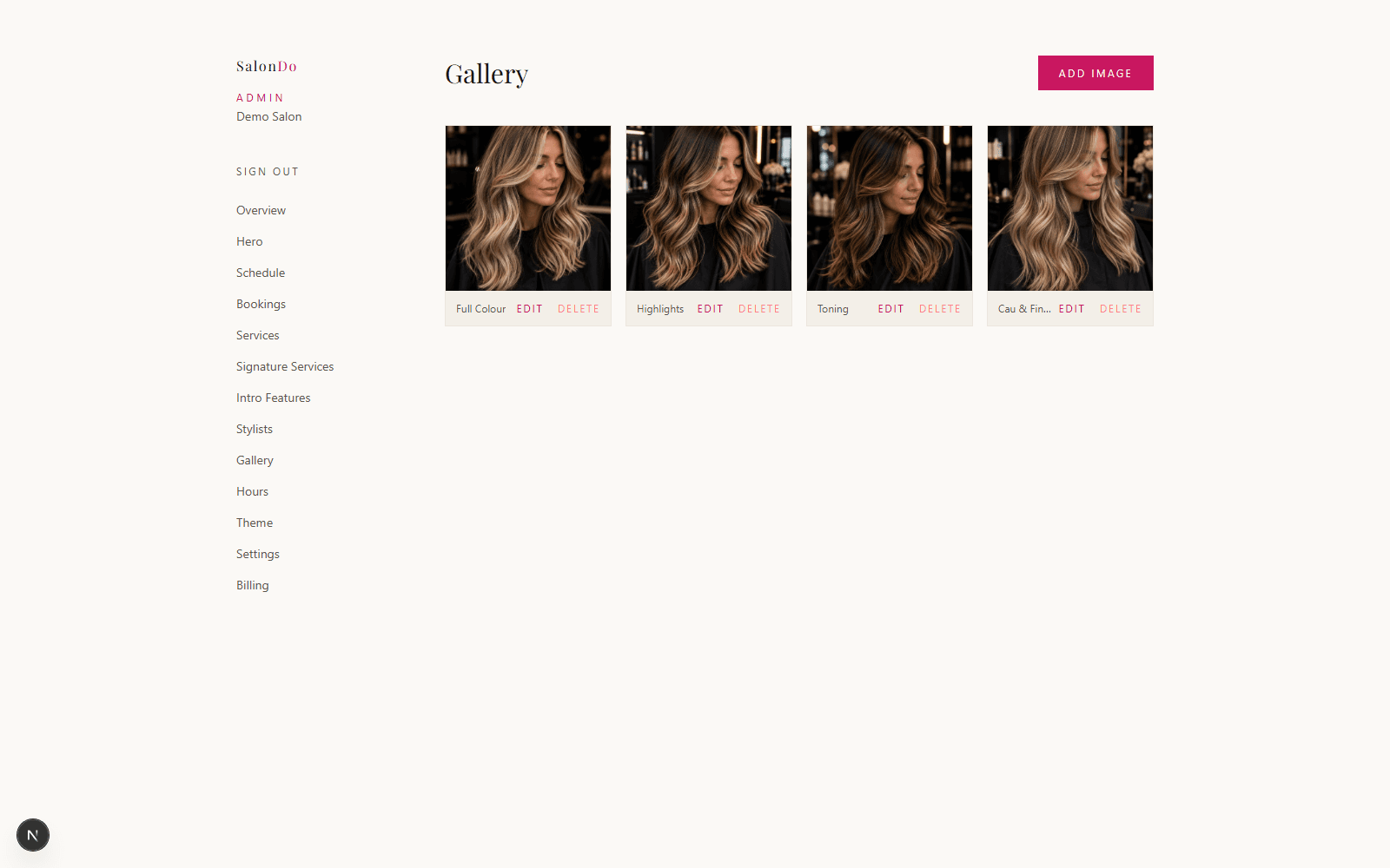The Gallery editor in the SalonDo admin dashboard