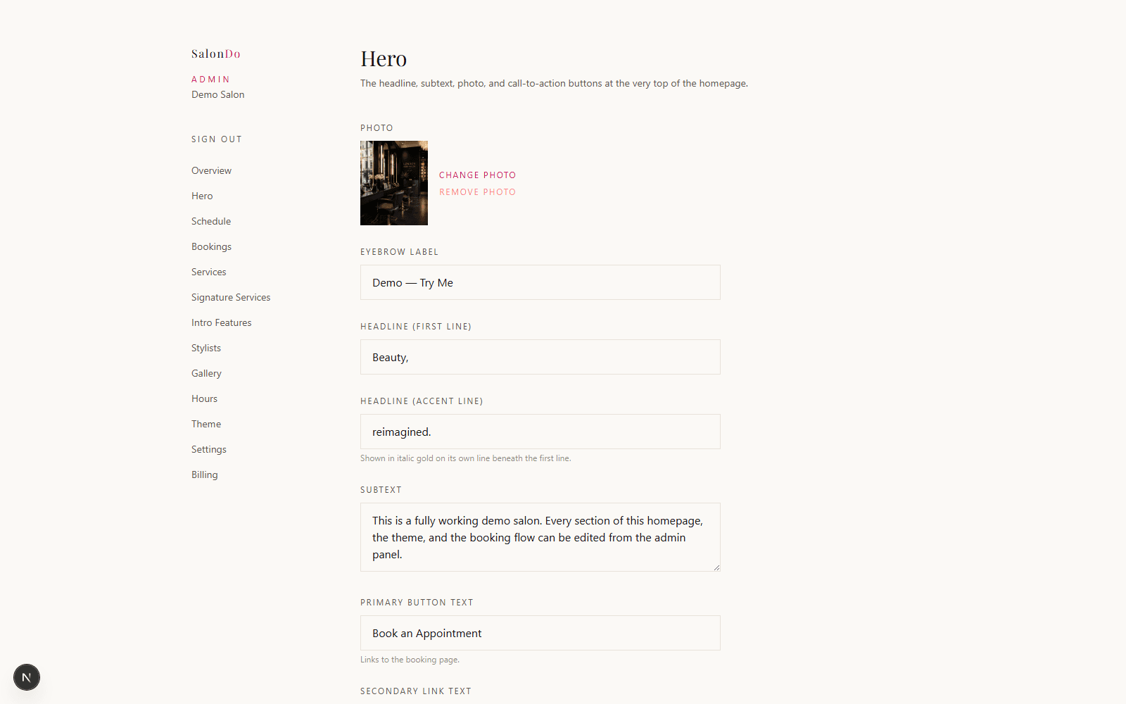 The Hero editor in the SalonDo admin dashboard