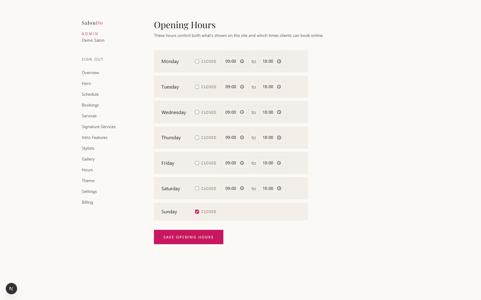 The Opening Hours editor in the SalonDo admin dashboard