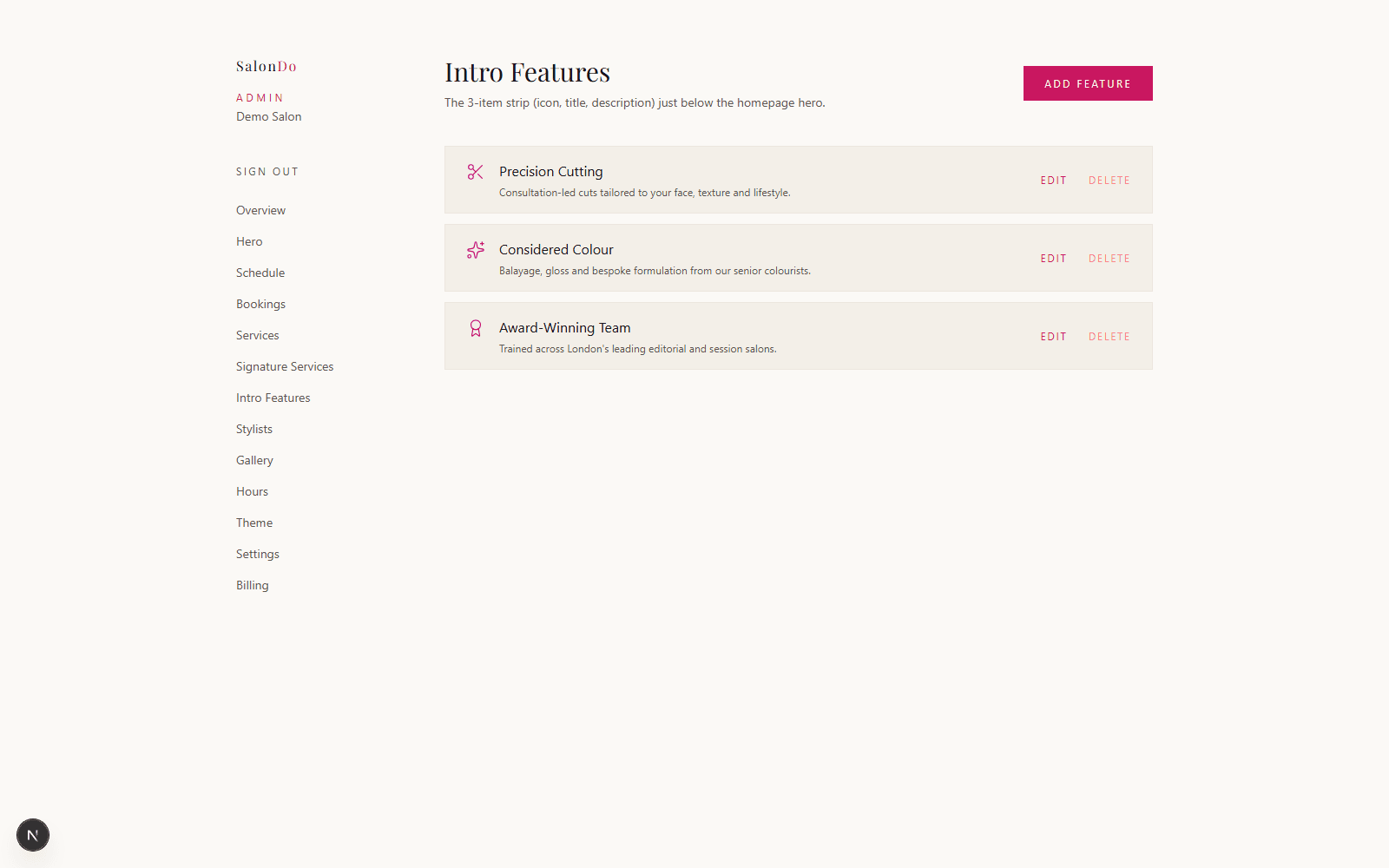 The Intro Features editor in the SalonDo admin dashboard