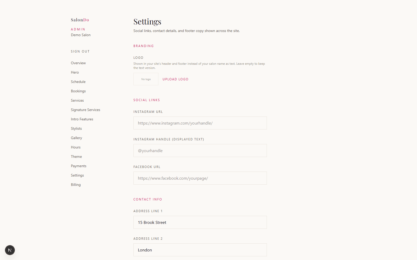 The Branding section in the SalonDo Settings page, showing the logo upload