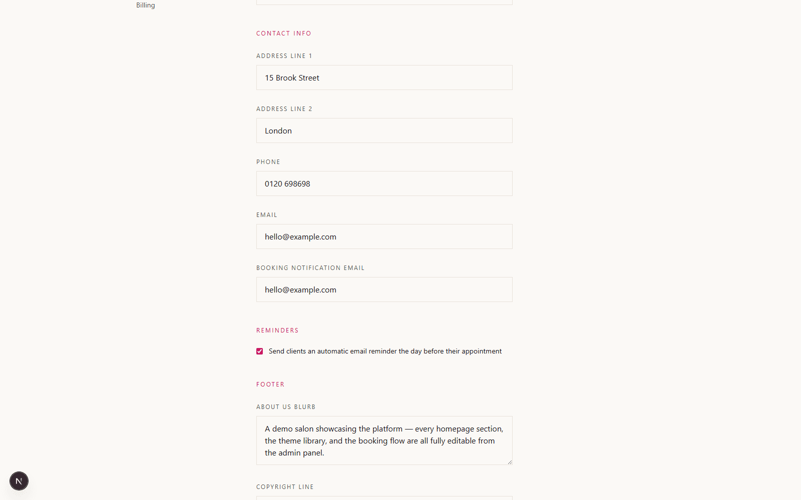 The Contact Info and Footer sections in the SalonDo Settings page