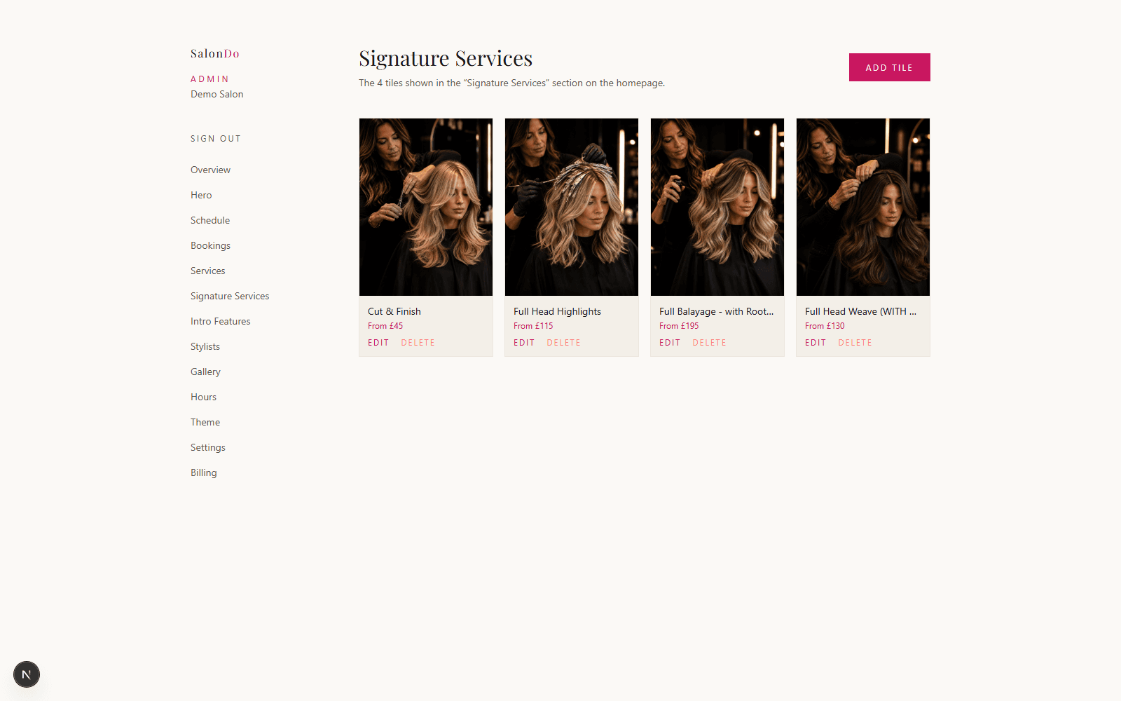 The Signature Services editor in the SalonDo admin dashboard