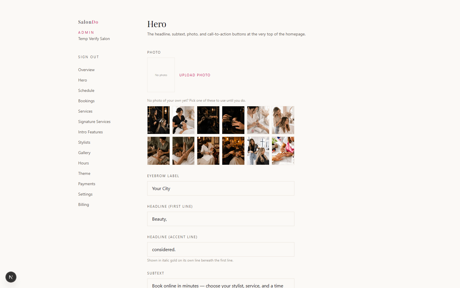 The stock photo picker in the SalonDo Hero admin page, showing a library of ready-to-use photos