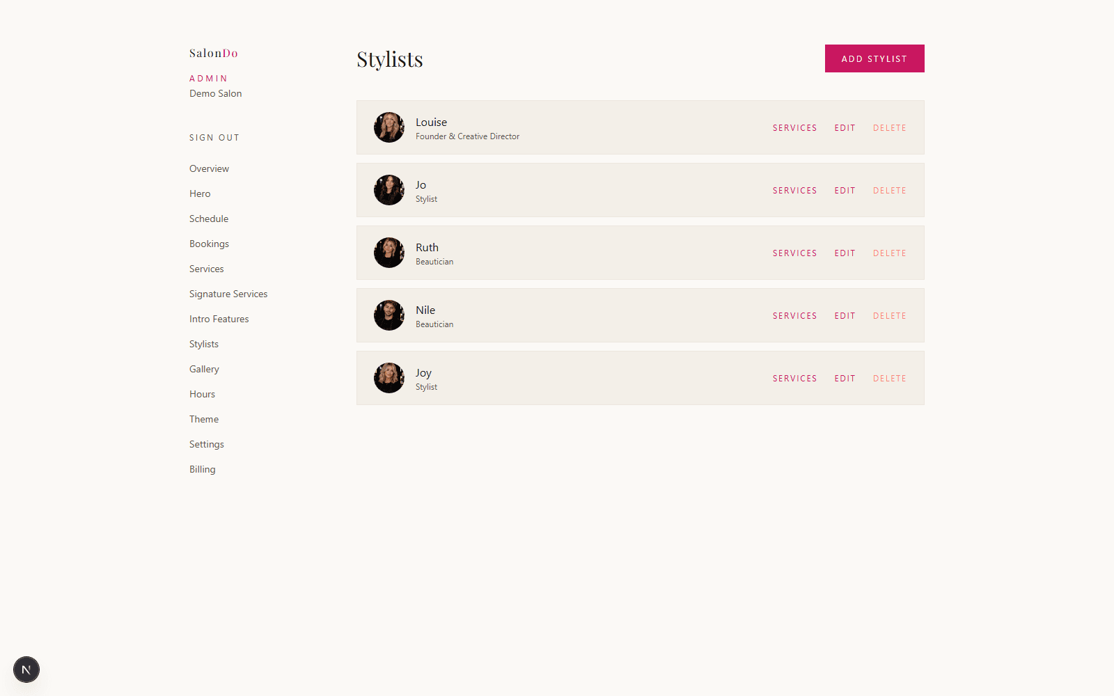 The Stylists editor in the SalonDo admin dashboard
