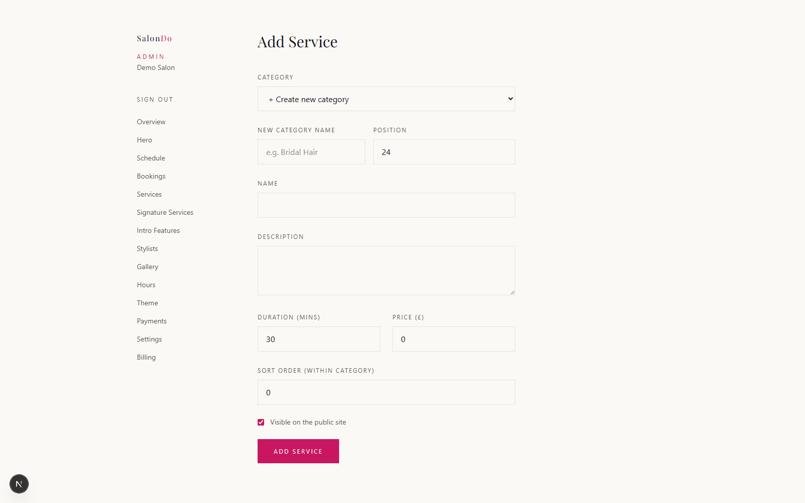 Creating a new service category in the SalonDo admin dashboard