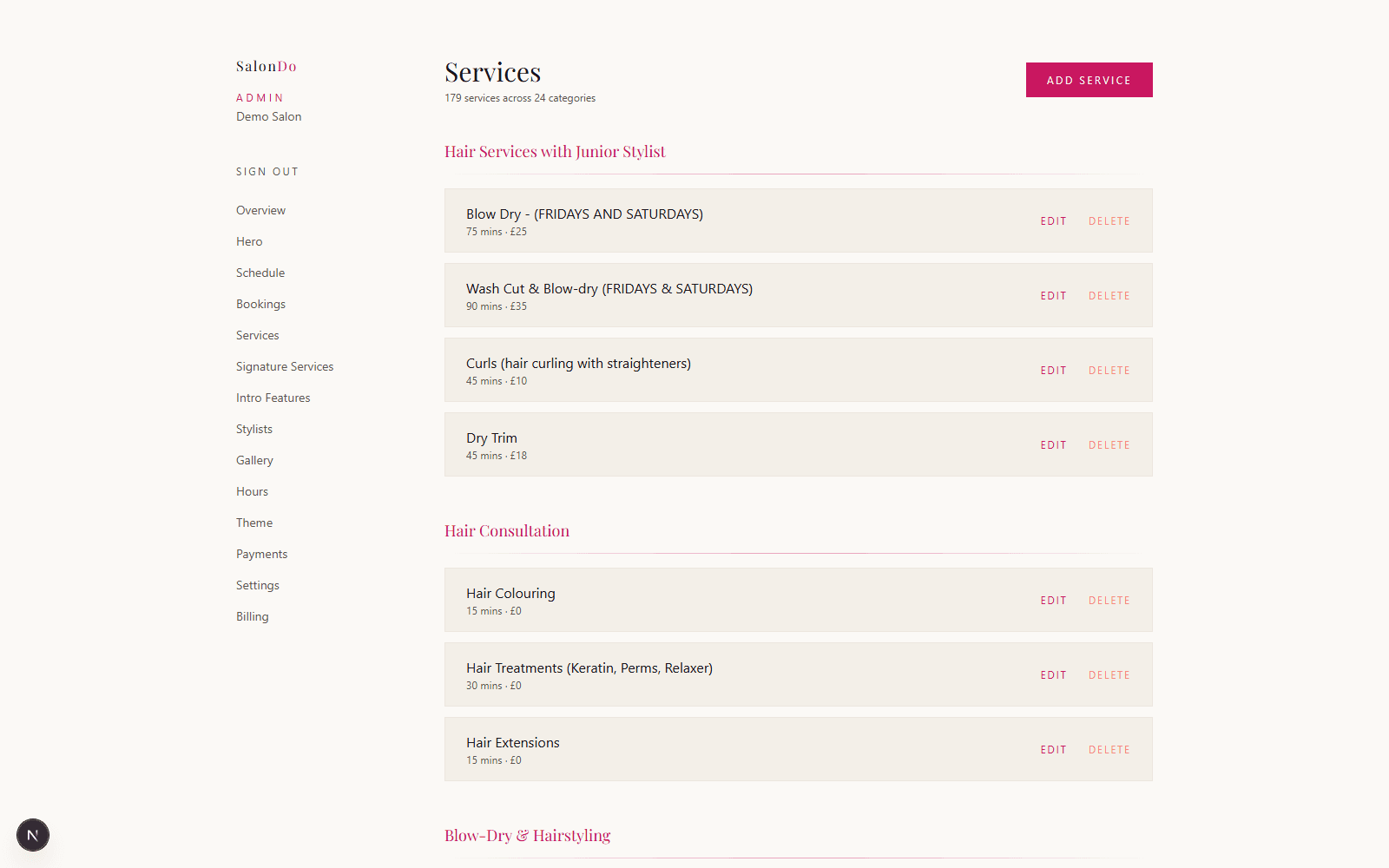 The Services list in the SalonDo admin dashboard, grouped by category