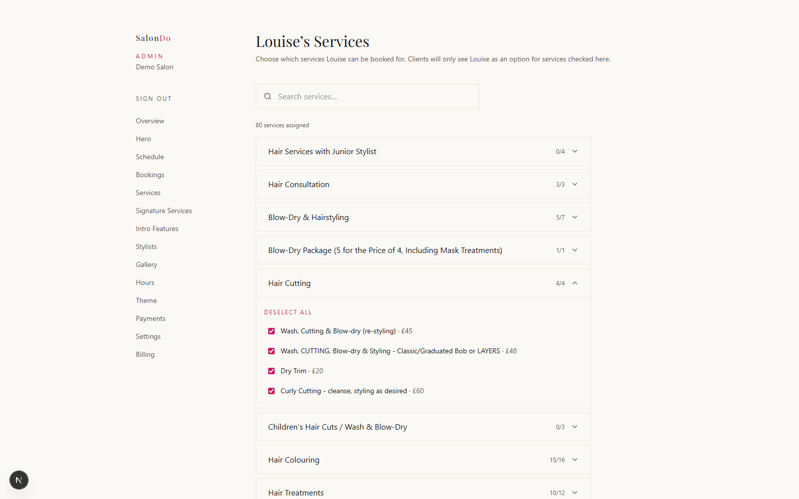 Assigning services to a stylist in the SalonDo admin dashboard