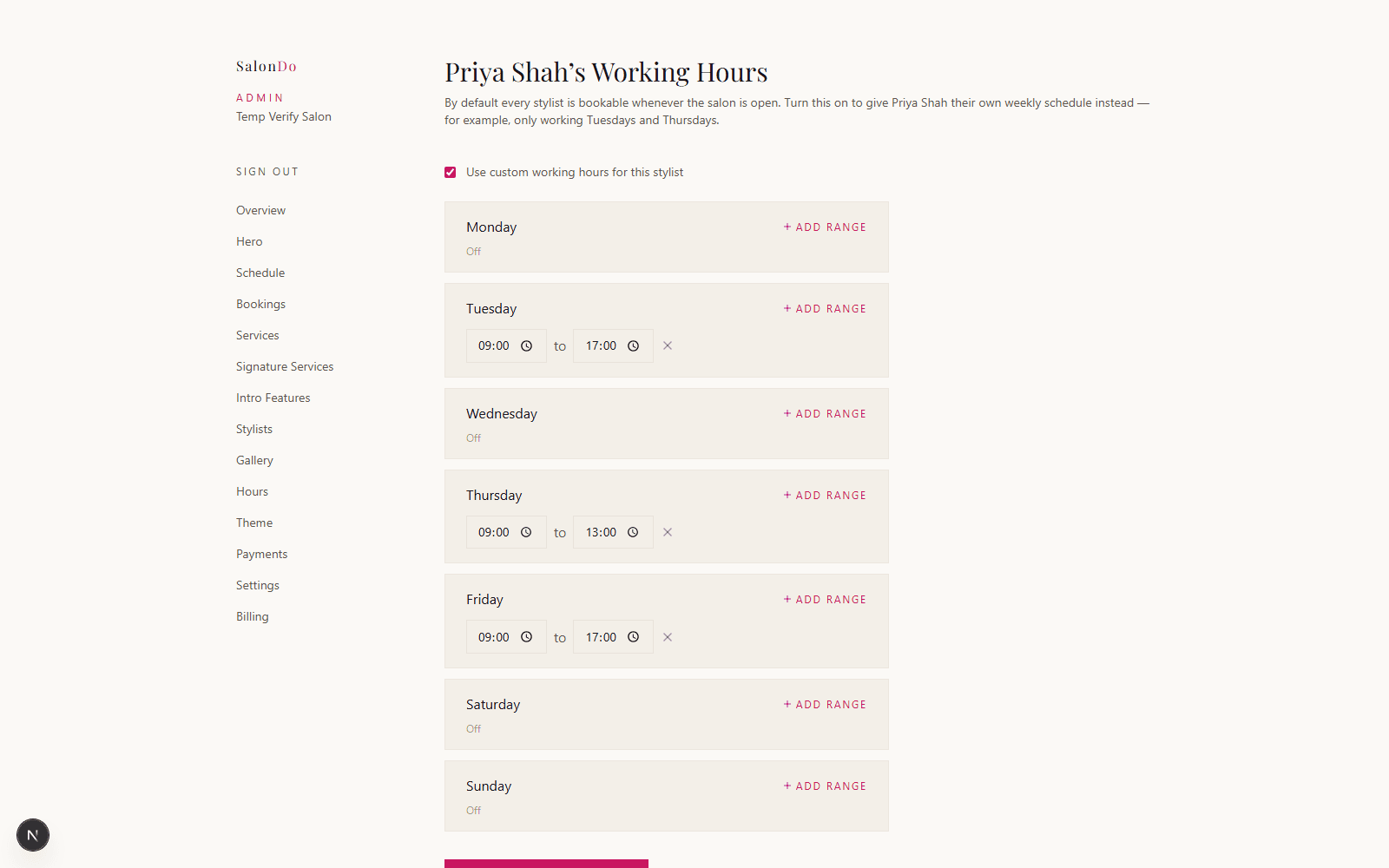 The Working Hours editor for a stylist in the SalonDo admin dashboard