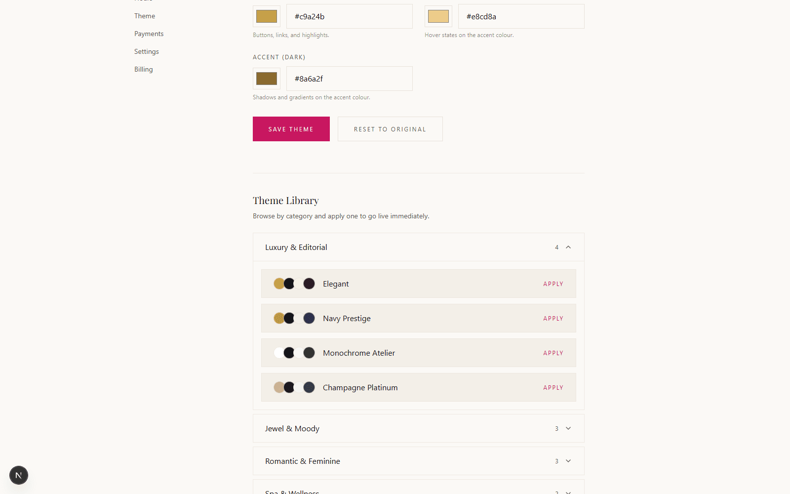 The SalonDo theme library, showing categorised colour presets