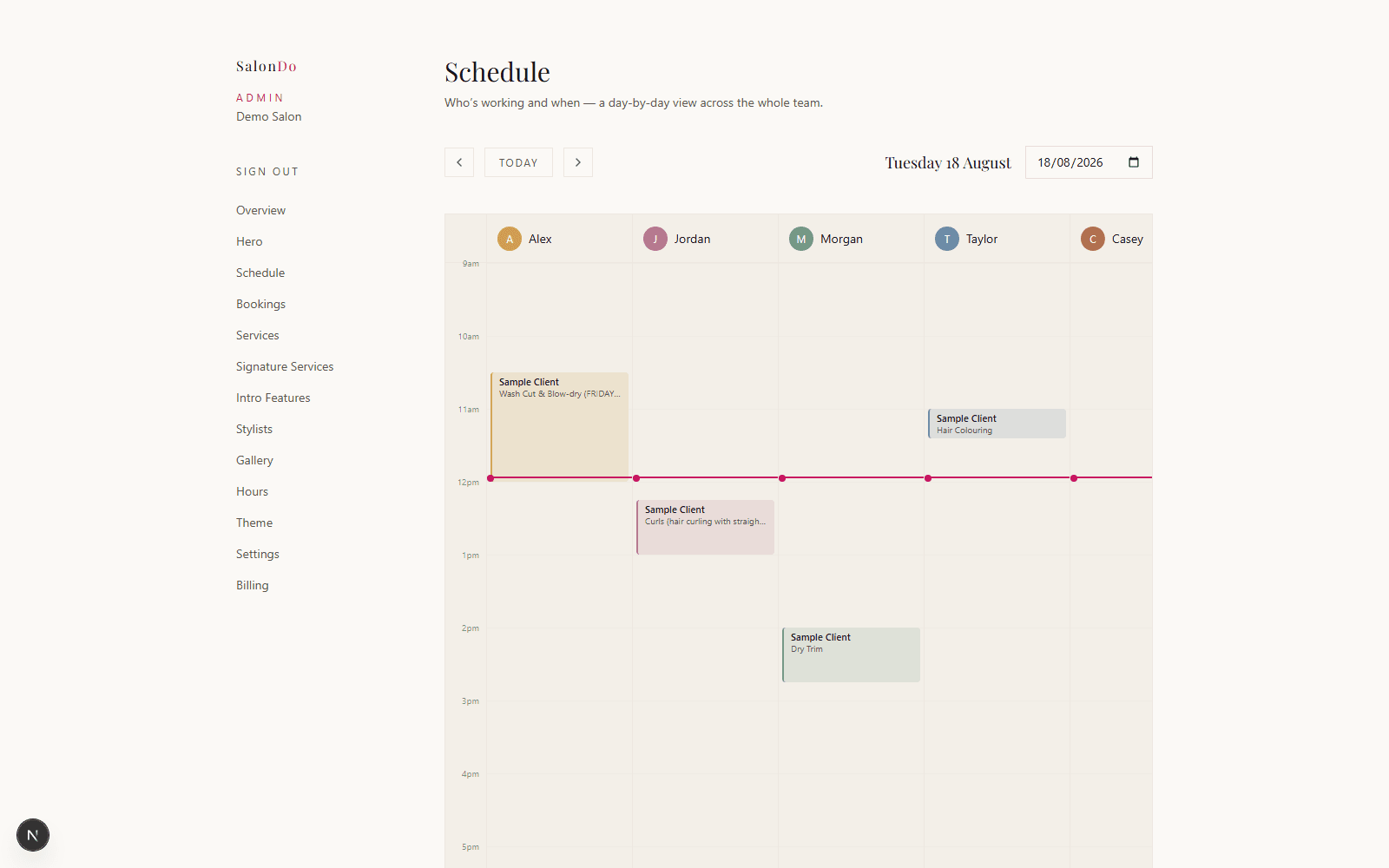 The SalonDo side-by-side stylist schedule