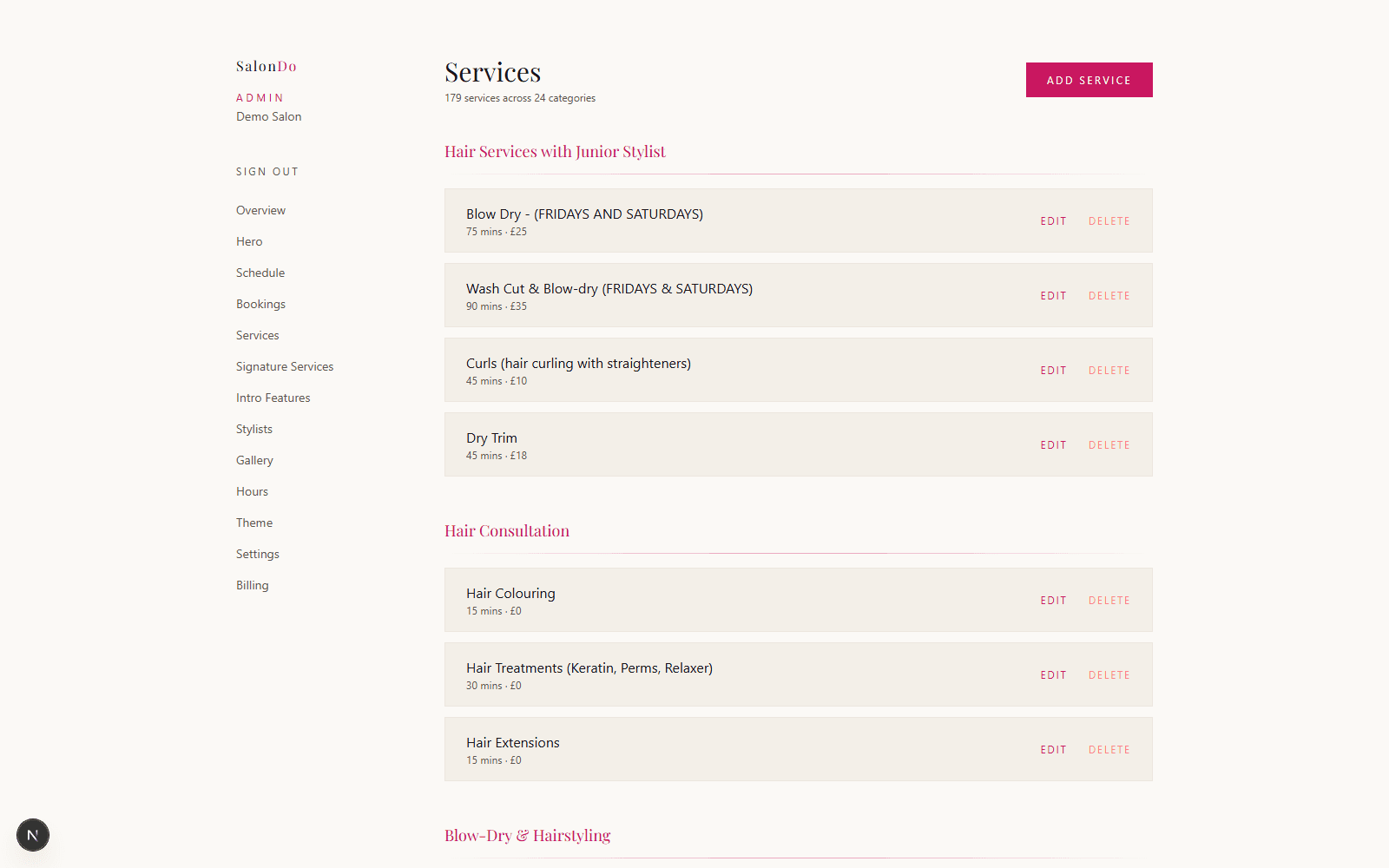 The SalonDo admin services list