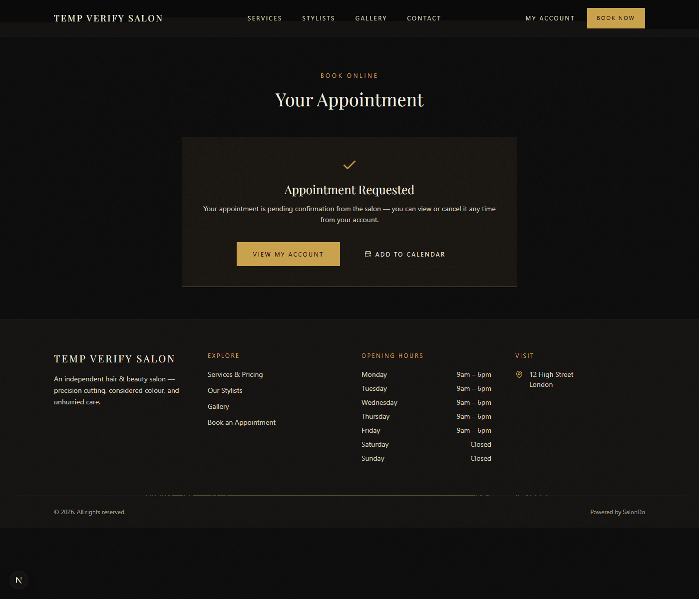 The booking confirmation screen with an Add to Calendar button