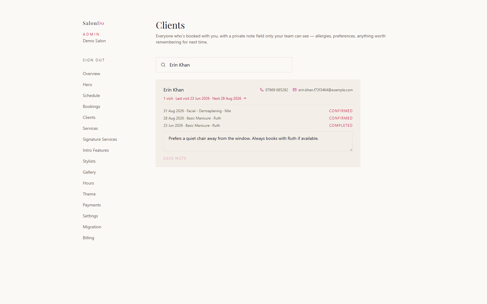 A client record in the SalonDo Clients page, showing booking history and a private note