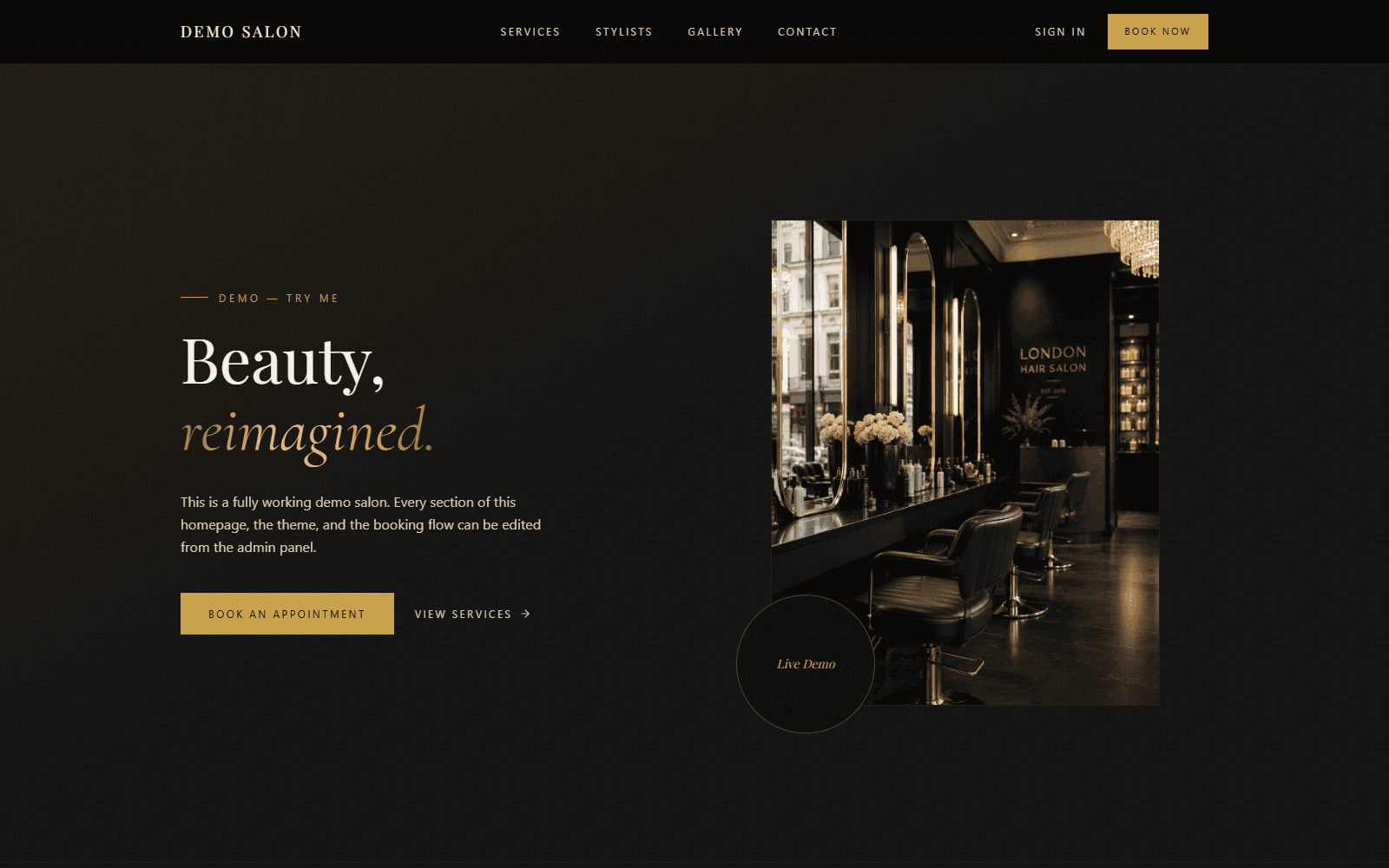 The live SalonDo demo salon site, populated with real photos and content