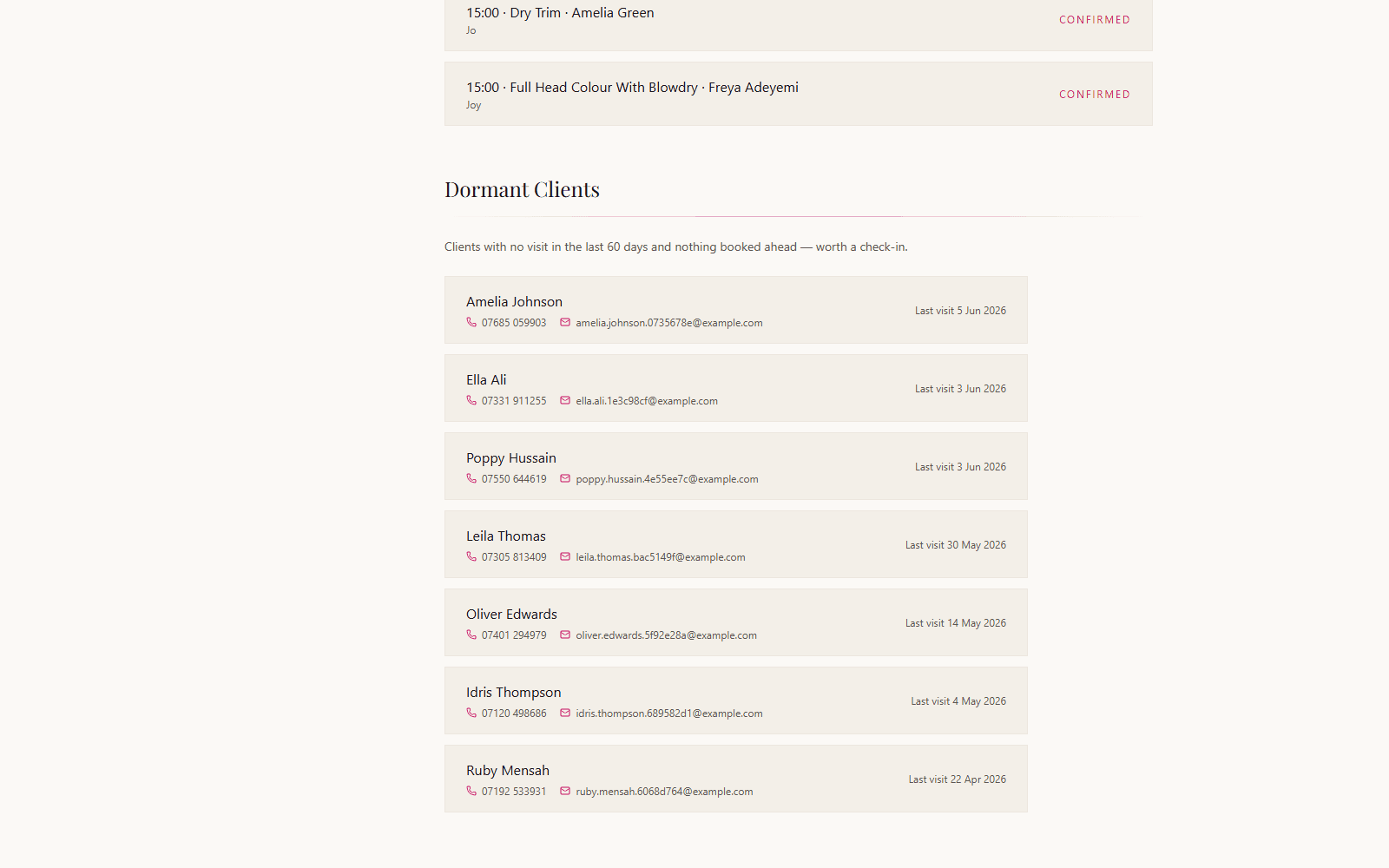The Dormant Clients section of the SalonDo admin dashboard, showing clients worth a check-in